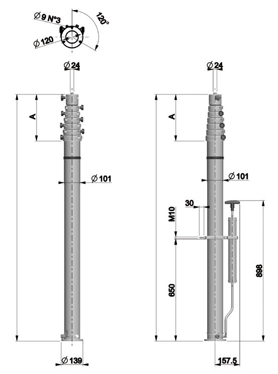 Mât télescopique PRIMO léger allant de 7,5m à 20m, charge max de 22kg